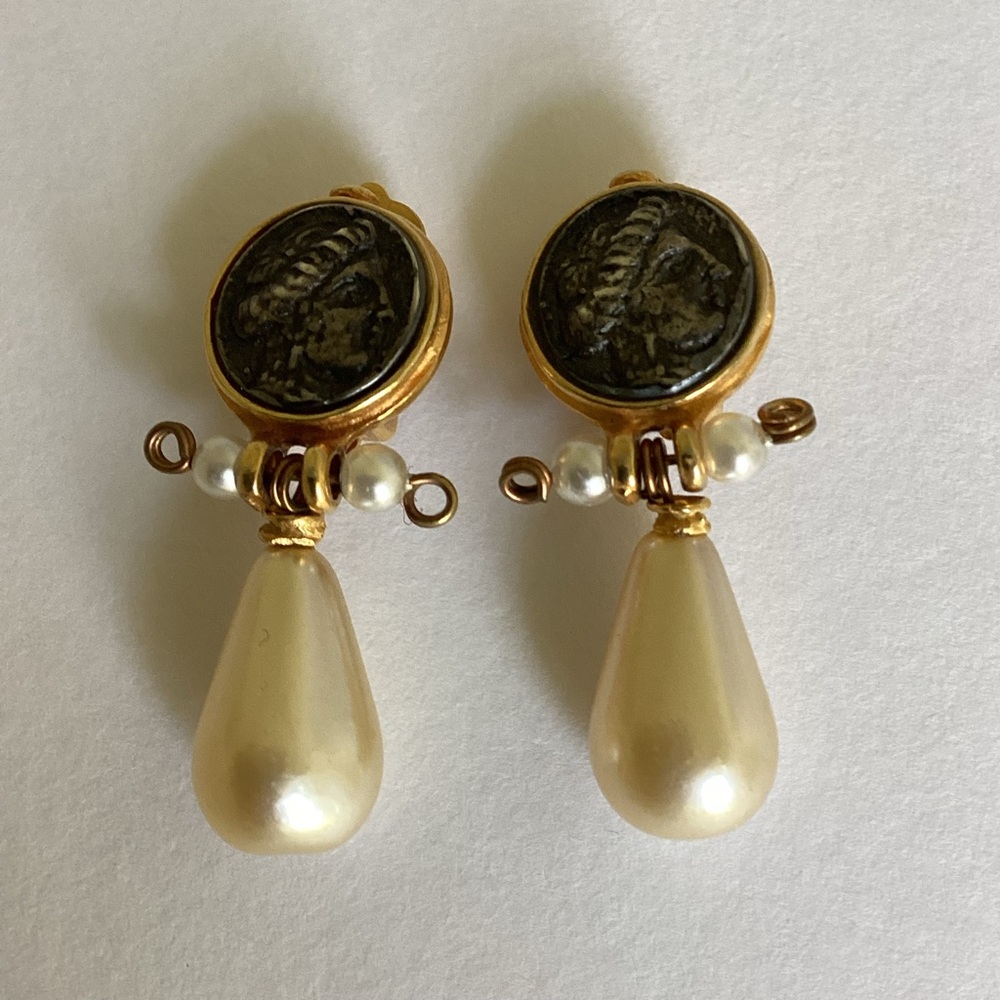 Etruscan Style Coin Earrings Faux Pearl Stamped LM Intaglio Mobe Classic Gift